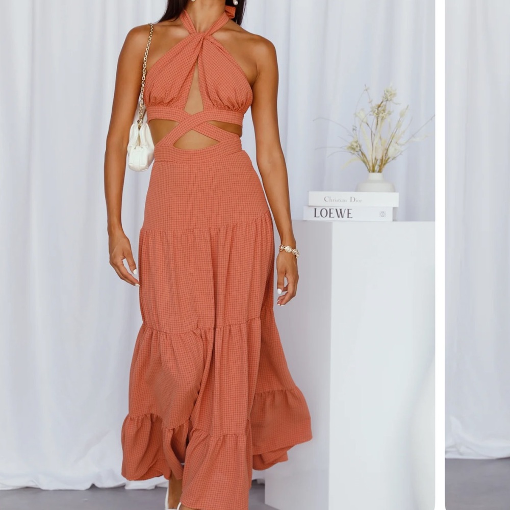 Brown and Orange Ruffled Cut Out Halter Midi Dress